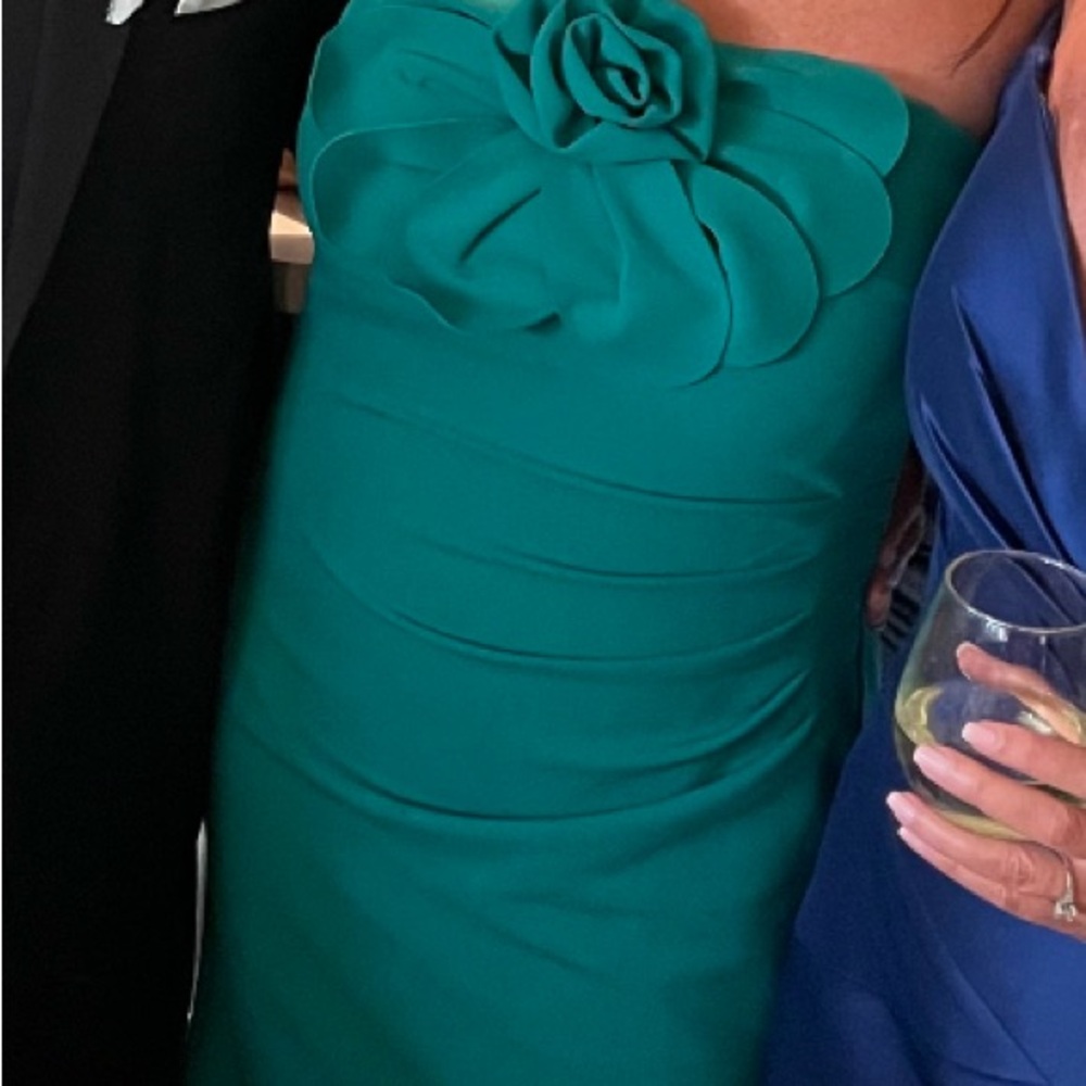 Betsy & Adam Strapless Green Formal Dress with Floral Applique